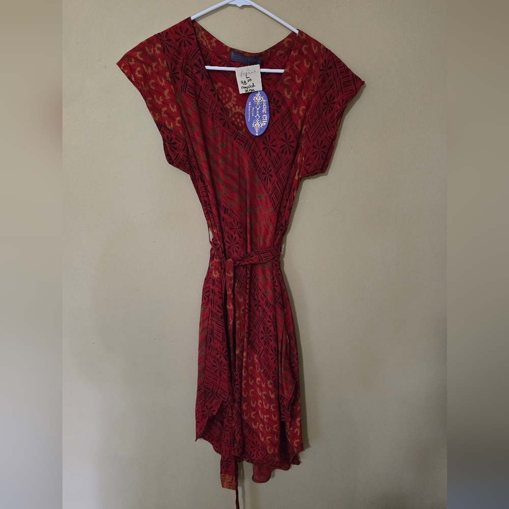 NWT Tie Waist Red Sari Patterned Dress